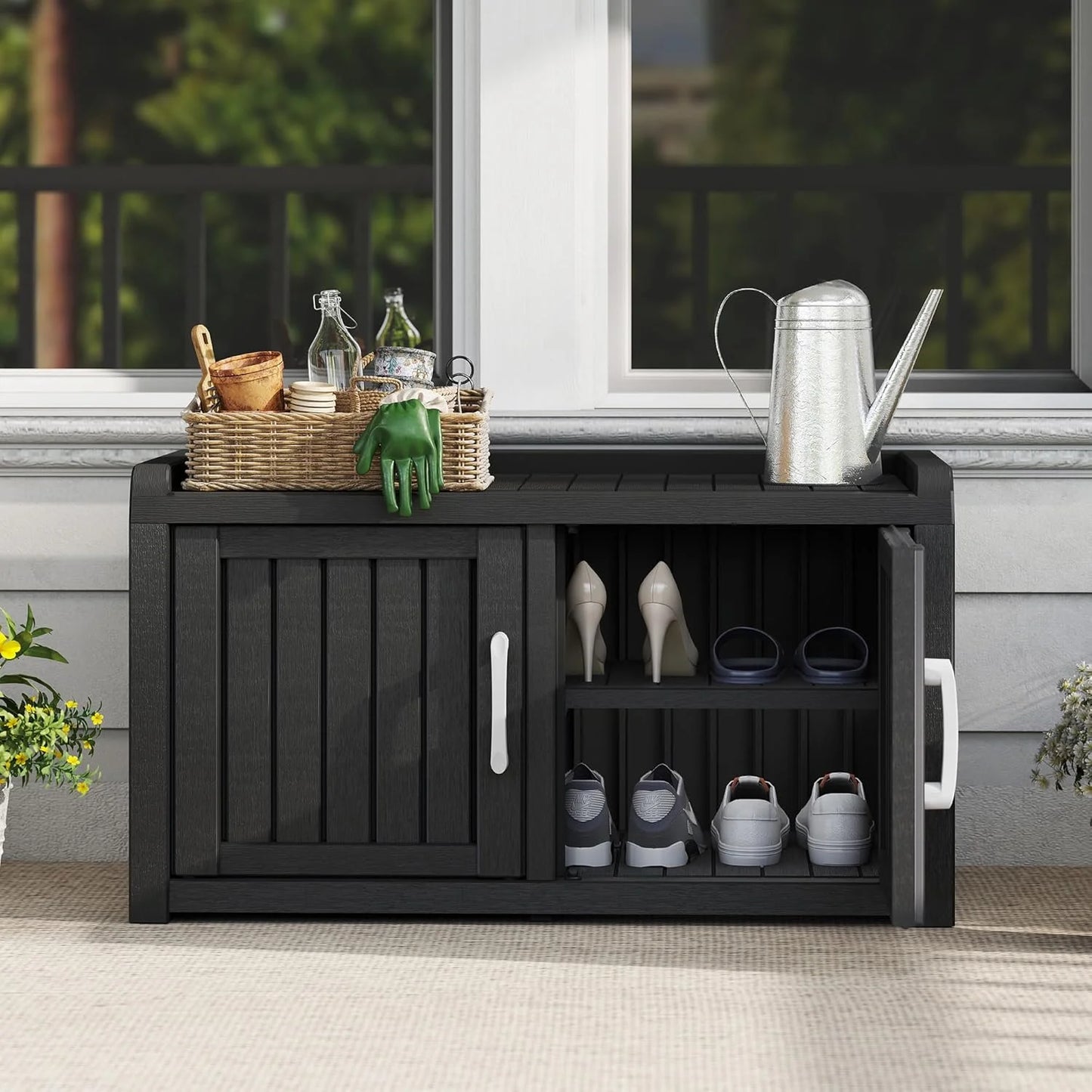 KAMABOKO Outdoor Shoe Storage Cabinet, Waterproof UV-Resistant Entryway Storage Bench Indoor Outdoor with 2 Barn Doors, Adjustable Shelves for Entryway, Bedroom, Hallway,Living Room(Black)