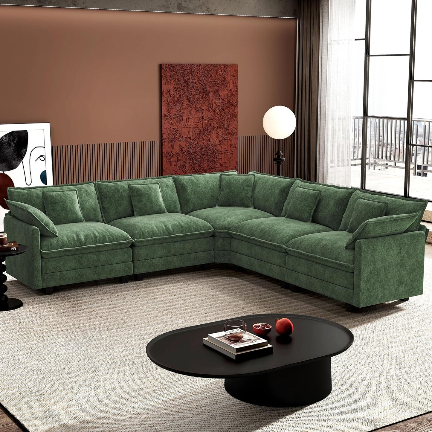 Ihanherry 146" U-Shaped Modern Sofa Modular Sectional Cloud Couch with 2 Ottoman, 6-Seat Chenille Deep Seat Sofa with 6 Pillows for Living Room, Bedroom and Apartment, Grey