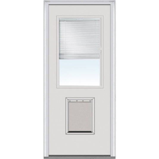 National Door Company Steel Exterior Door, Primed, 1/2 Lite with Clear Glass Internal Blinds & Pet Door, Right Hand Inswing, 32�测��x80�测��