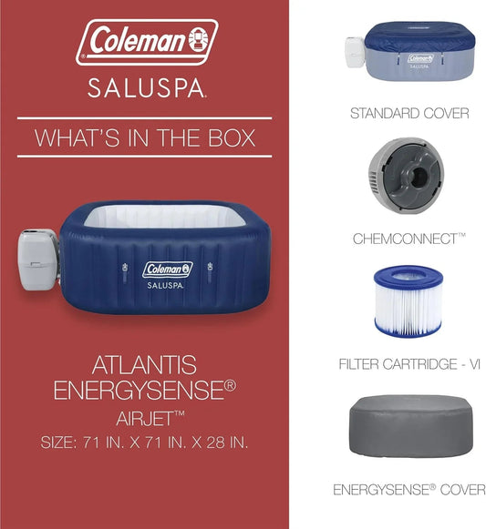4 to 6 Person Inflatable Hot Tub Square Portable Outdoor Spa with 114 Soothing AirJets and Insulated Cover, Gray-Coleman