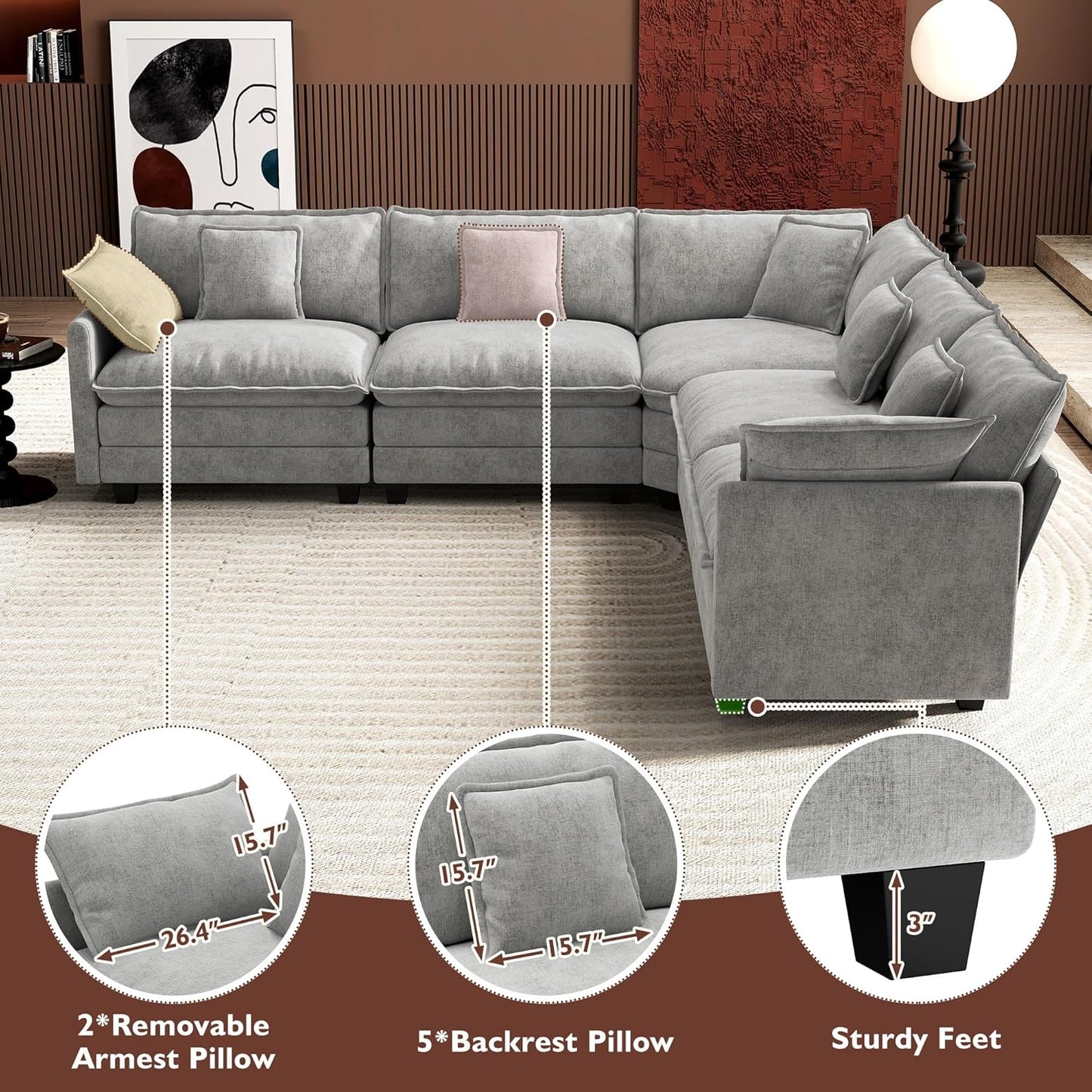 Ihanherry 146" U-Shaped Modern Sofa Modular Sectional Cloud Couch with 2 Ottoman, 6-Seat Chenille Deep Seat Sofa with 6 Pillows for Living Room, Bedroom and Apartment, Grey