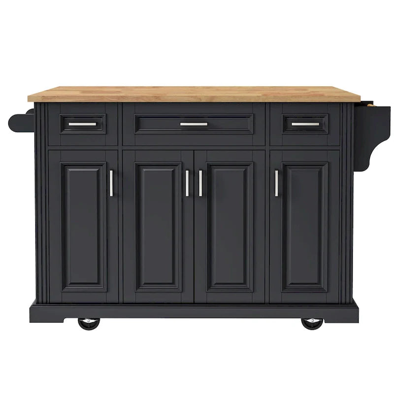 54 Large Kitchen Island with Rubber Wood Drop Leaf, Embossed Texture Rolling Kitchen Cart on 4 Wheels with 4 Doors & 3 Drawers