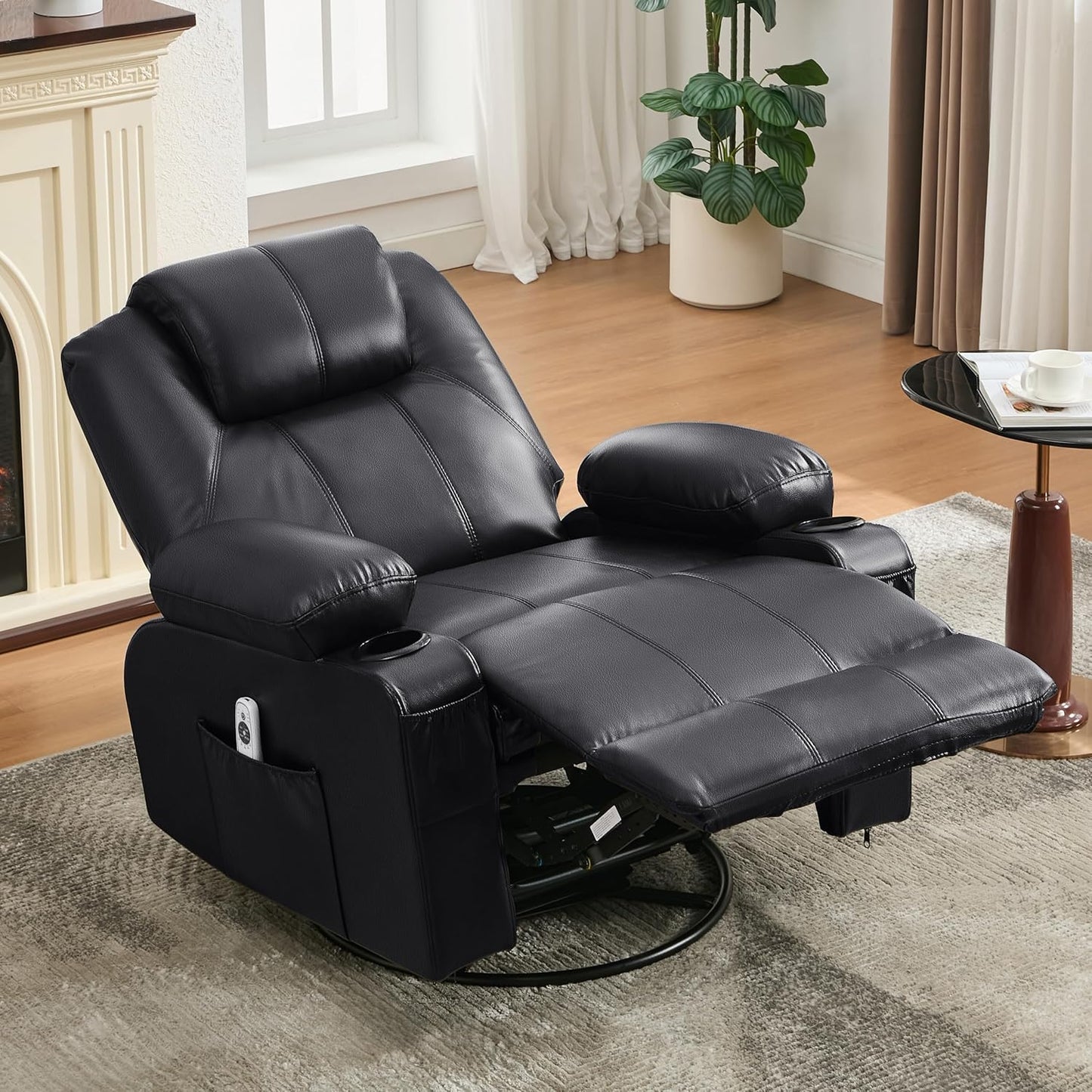 Oversized Swivel Rocker Recliner Chair with Heat and Massage, 360 Degree Swivel Rocking Single Sofa with Cup Holders and USB Port, Large Big Recliner Chair for Living Room (Leather, Brown)
