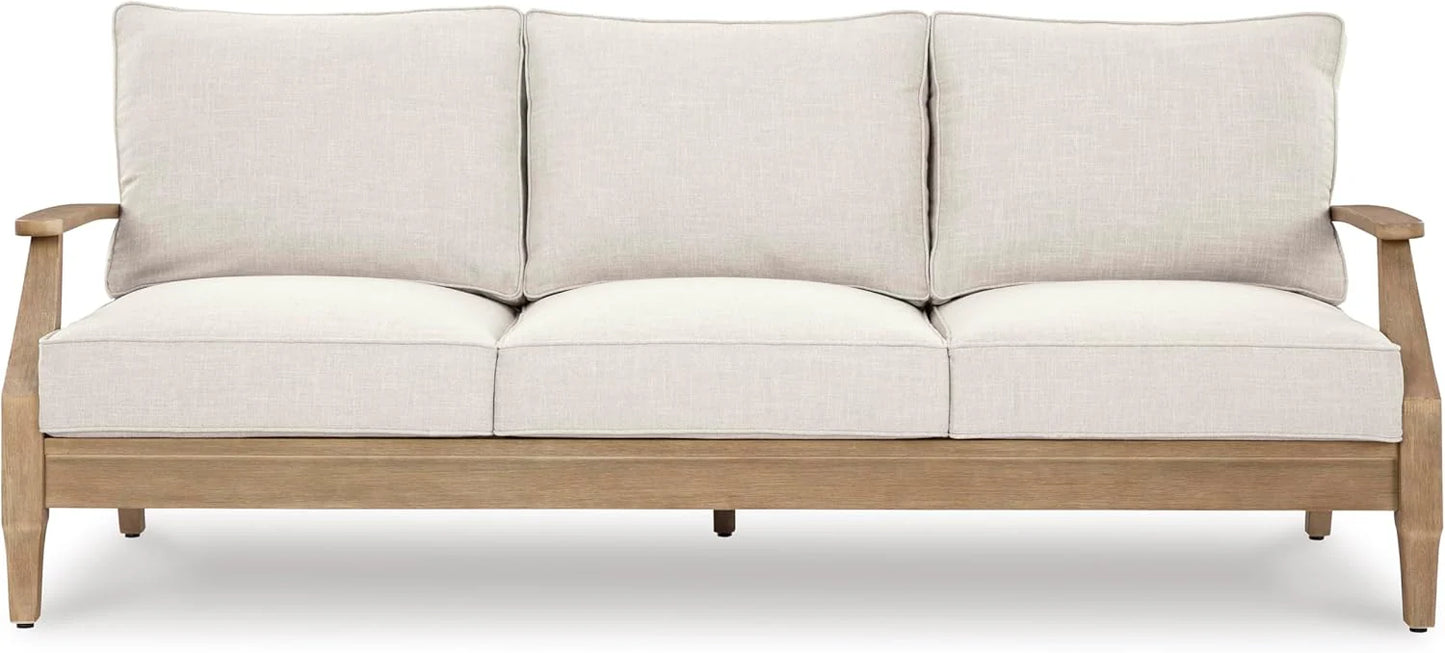 Signature Design by Ashley Clare View Coastal Outdoor Patio Eucalyptus Sofa with Cushions, Beige