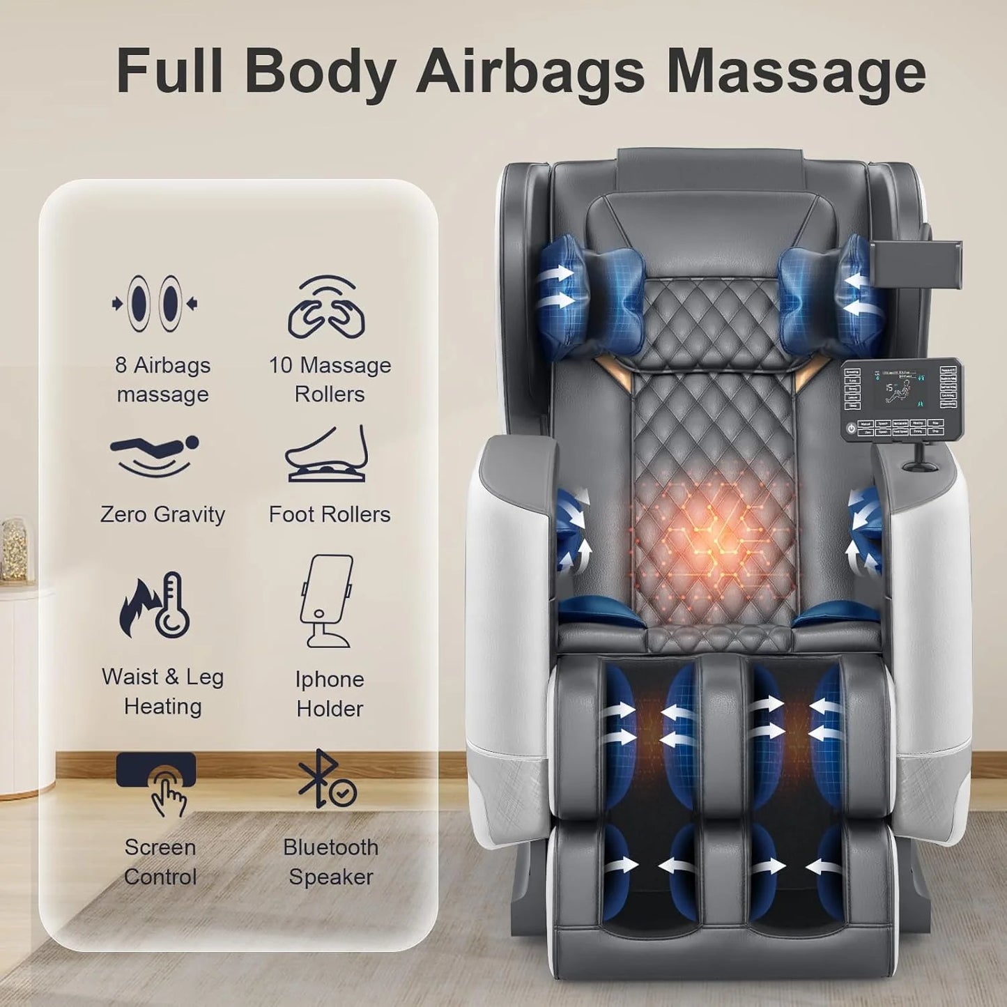 2025 Massage Chair Full Body, Zero Gravity Massage Chair with 10 Fix Rollers, Heating, Foot Massage, Auto Modes, Bluetooth Speaker, Touch Screen Controller (Black & Brown)