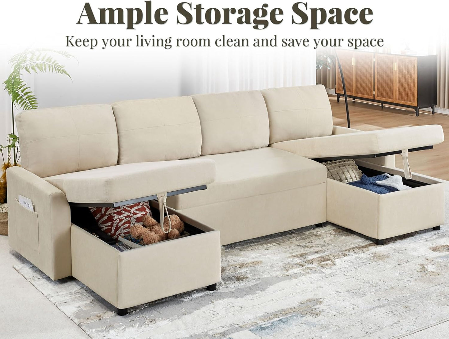 VanAcc Sofa Bed, Sleeper Sofa with Storage Chaise 2 in 1 Pull Out Couch Living Room