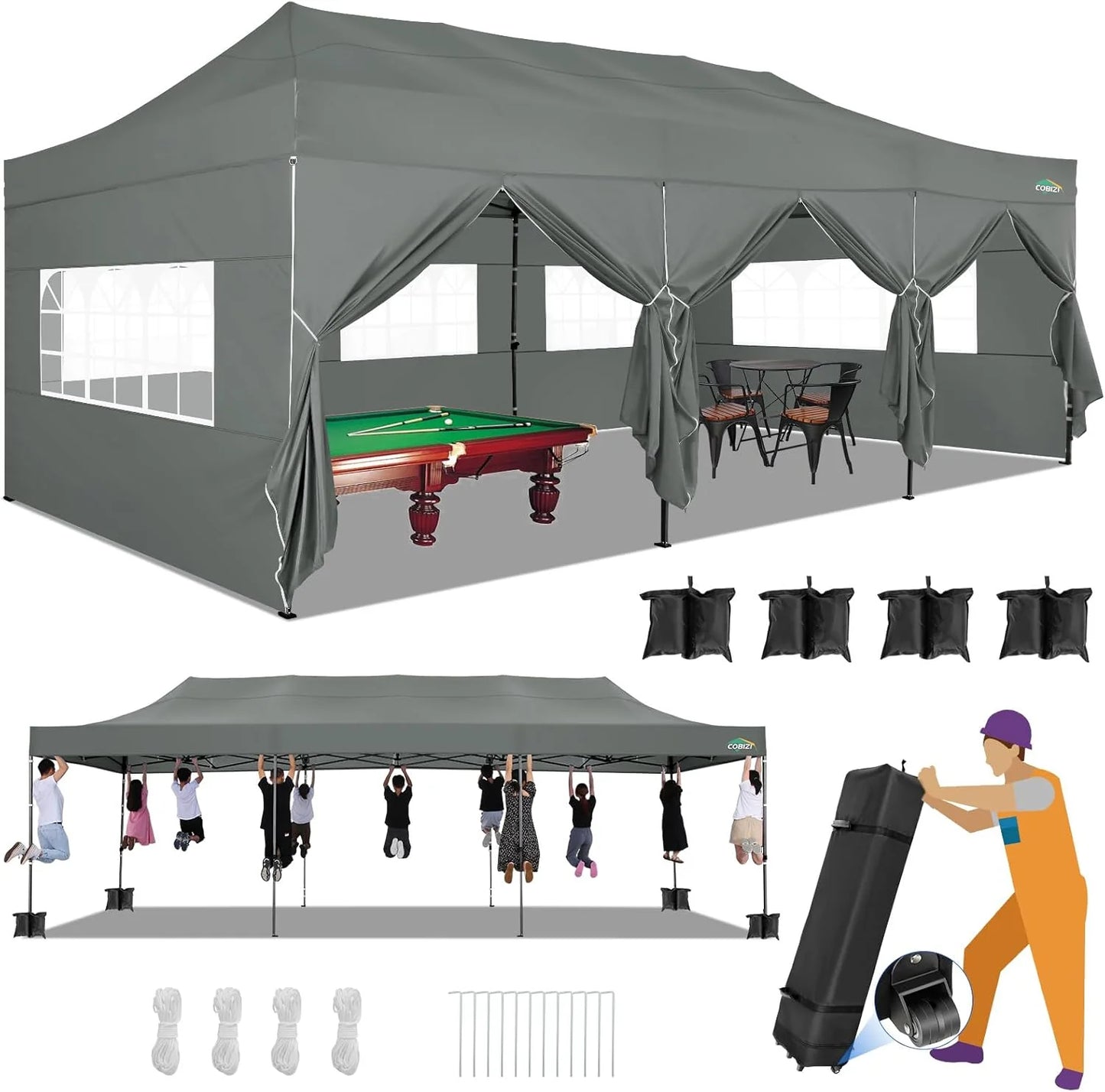 COBIZI 10x20 Heavy Duty Pop up Canopy Tent with 6 sidewalls Easy Up Commercial Outdoor Canopy Wedding Party Tents for Parties All Season Wind & Waterproof Gazebo with Roller Bag,Black(Frame Thickened)