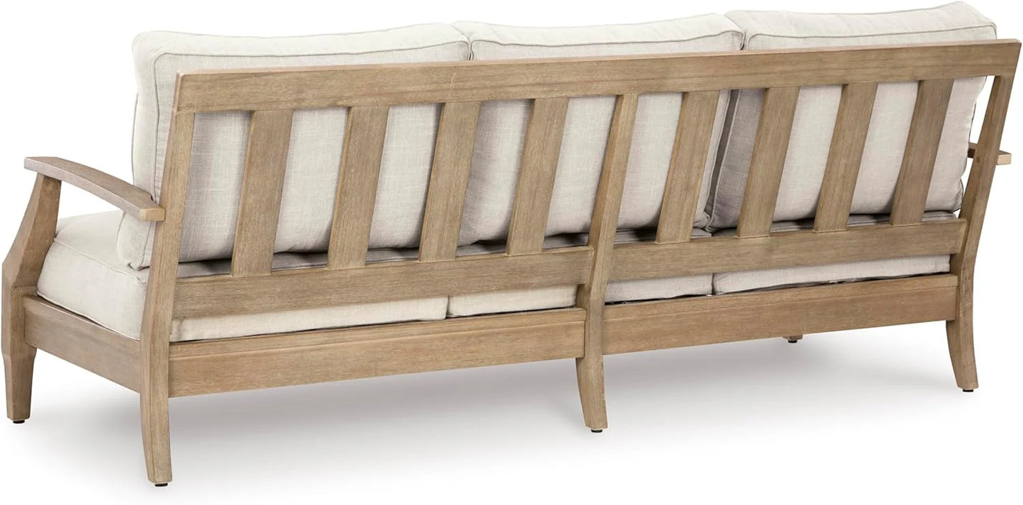 Signature Design by Ashley Clare View Coastal Outdoor Patio Eucalyptus Sofa with Cushions, Beige