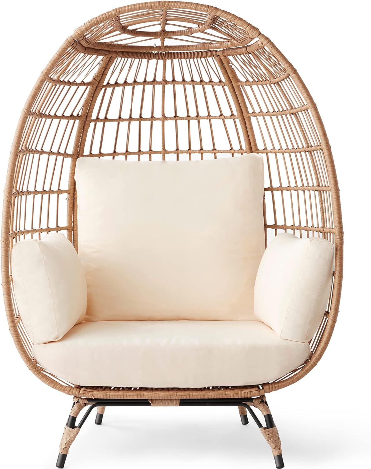 Best Choice Products Wicker Egg Chair Oversized Indoor Outdoor Lounger for Patio Backyard Living Room w/ 4 Cushions Steel Frame 440lb Capacity - Ivory
