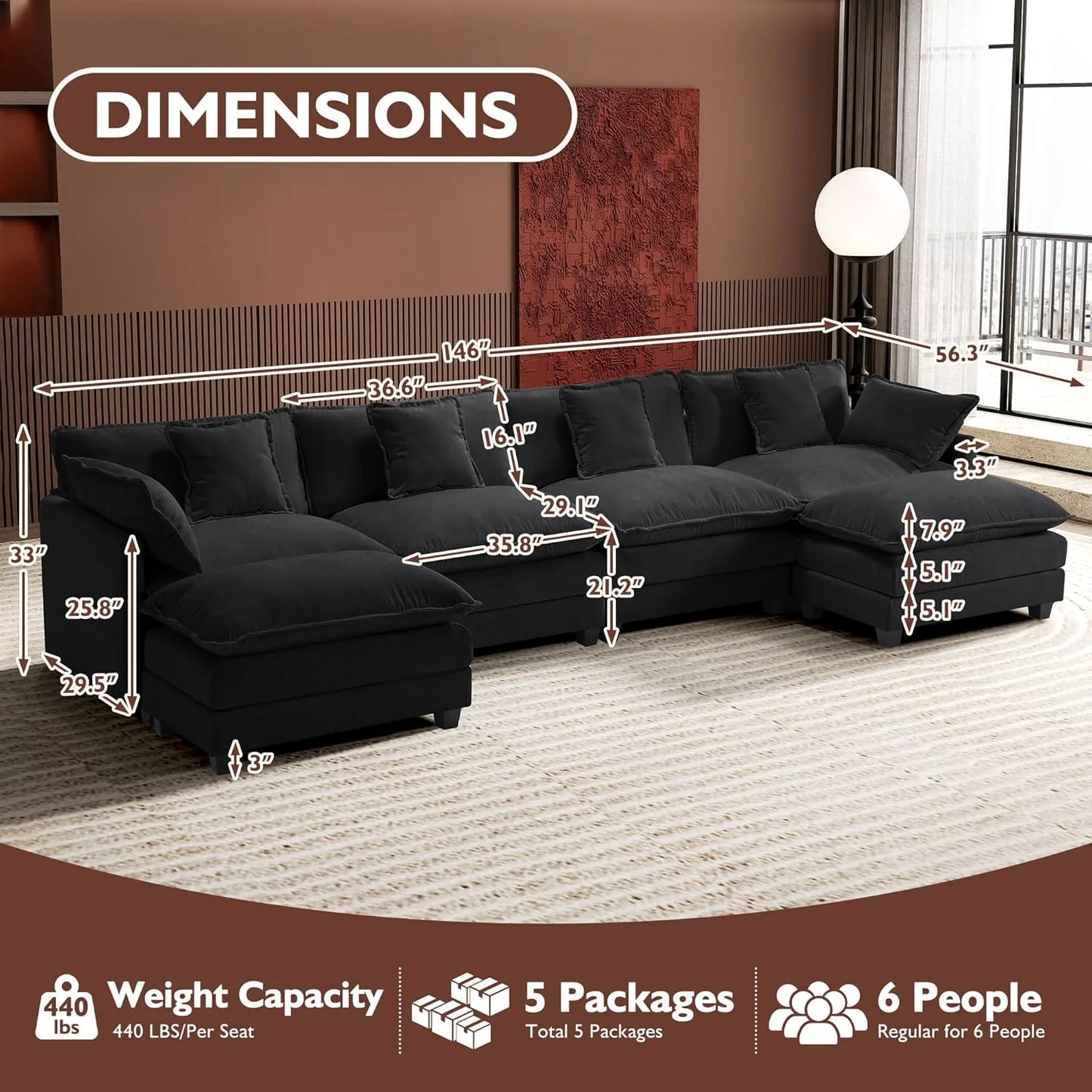 Ihanherry 146" U-Shaped Modern Sofa Modular Sectional Cloud Couch with 2 Ottoman, 6-Seat Chenille Deep Seat Sofa with 6 Pillows for Living Room, Bedroom and Apartment, Grey
