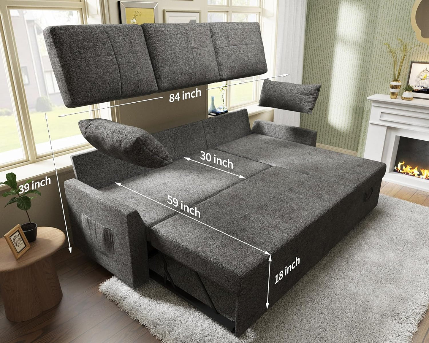 VanAcc Sofa Bed, Sleeper Sofa with Storage Chaise 2 in 1 Pull Out Couch Living Room