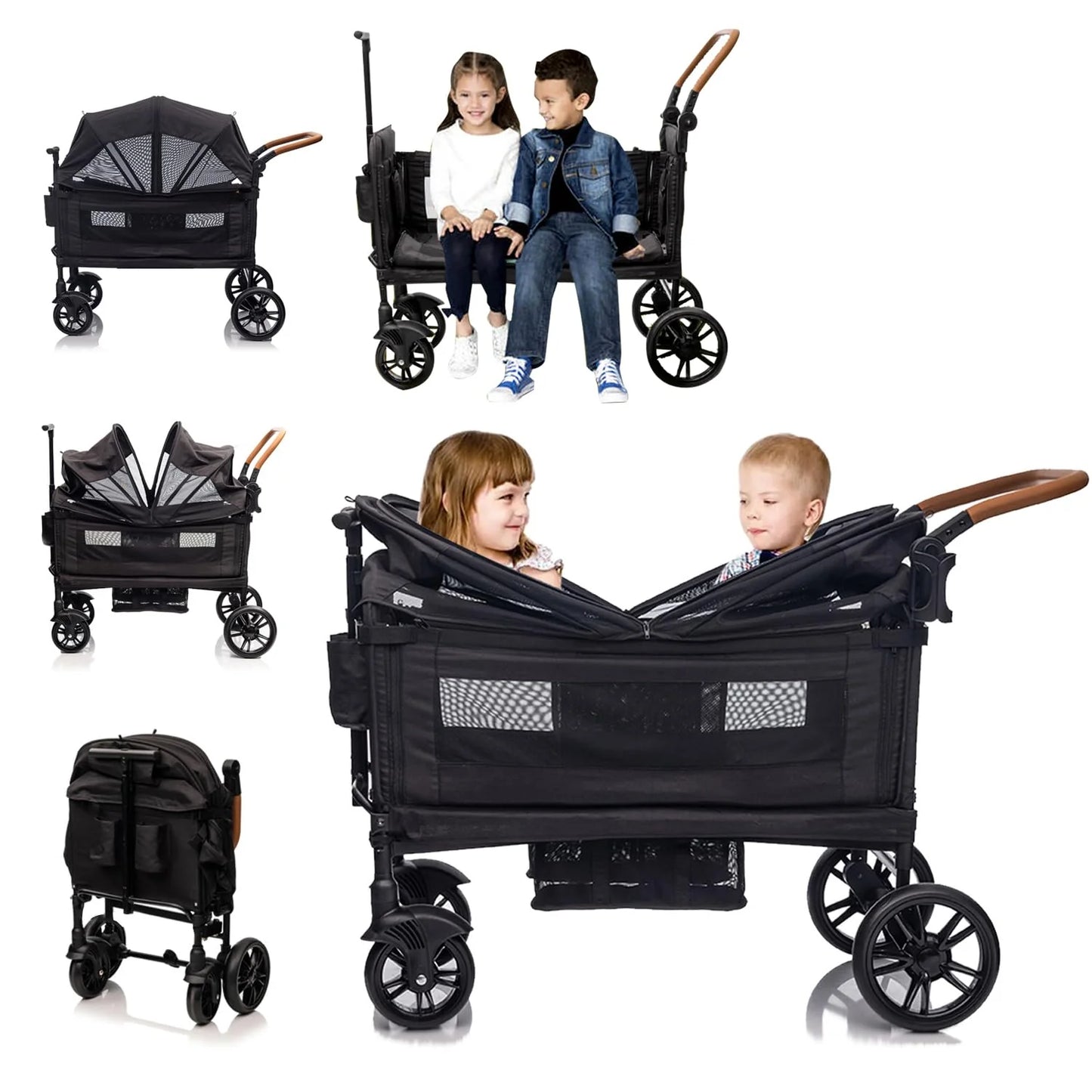 Wagon Stroller for 2 Kids & Cargo-Travel Stroller Push-Pull Double Wagon Lightweight Folding Stroller for Newborn&Toddler with 5-Point Harness,Adjustable Handle Bar and Canopy,Tray Table,Cup Holder