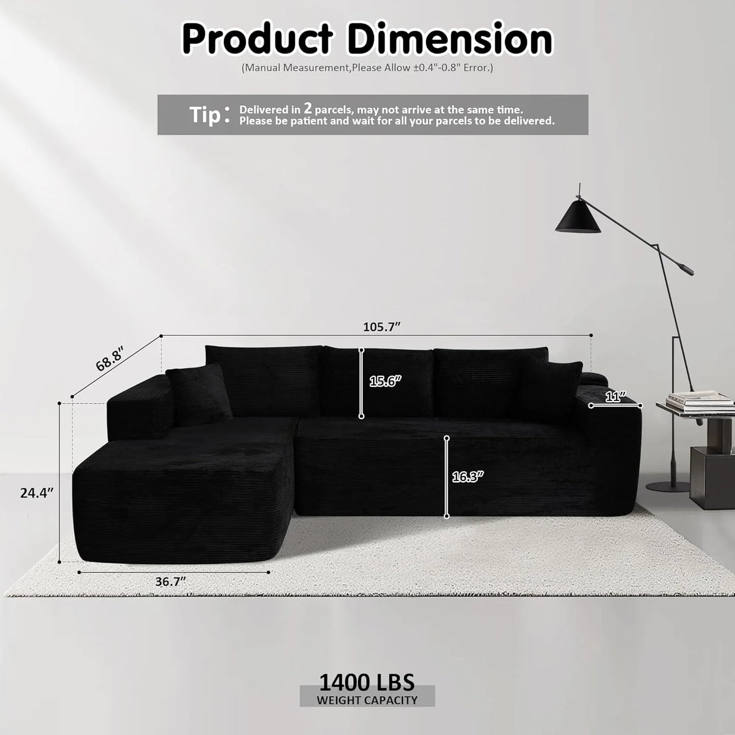 ovios 104" Cloud Sectional Couch with L-Shape Chaise,Modern Modular Sofa with Deep Seat, Upholstered Couches for Living Room Bedroom,No Assembly Required, Grey (Plush Corduroy Fabric)