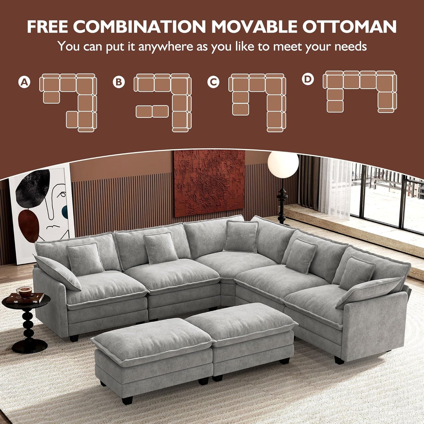 Ihanherry 146" U-Shaped Modern Sofa Modular Sectional Cloud Couch with 2 Ottoman, 6-Seat Chenille Deep Seat Sofa with 6 Pillows for Living Room, Bedroom and Apartment, Grey