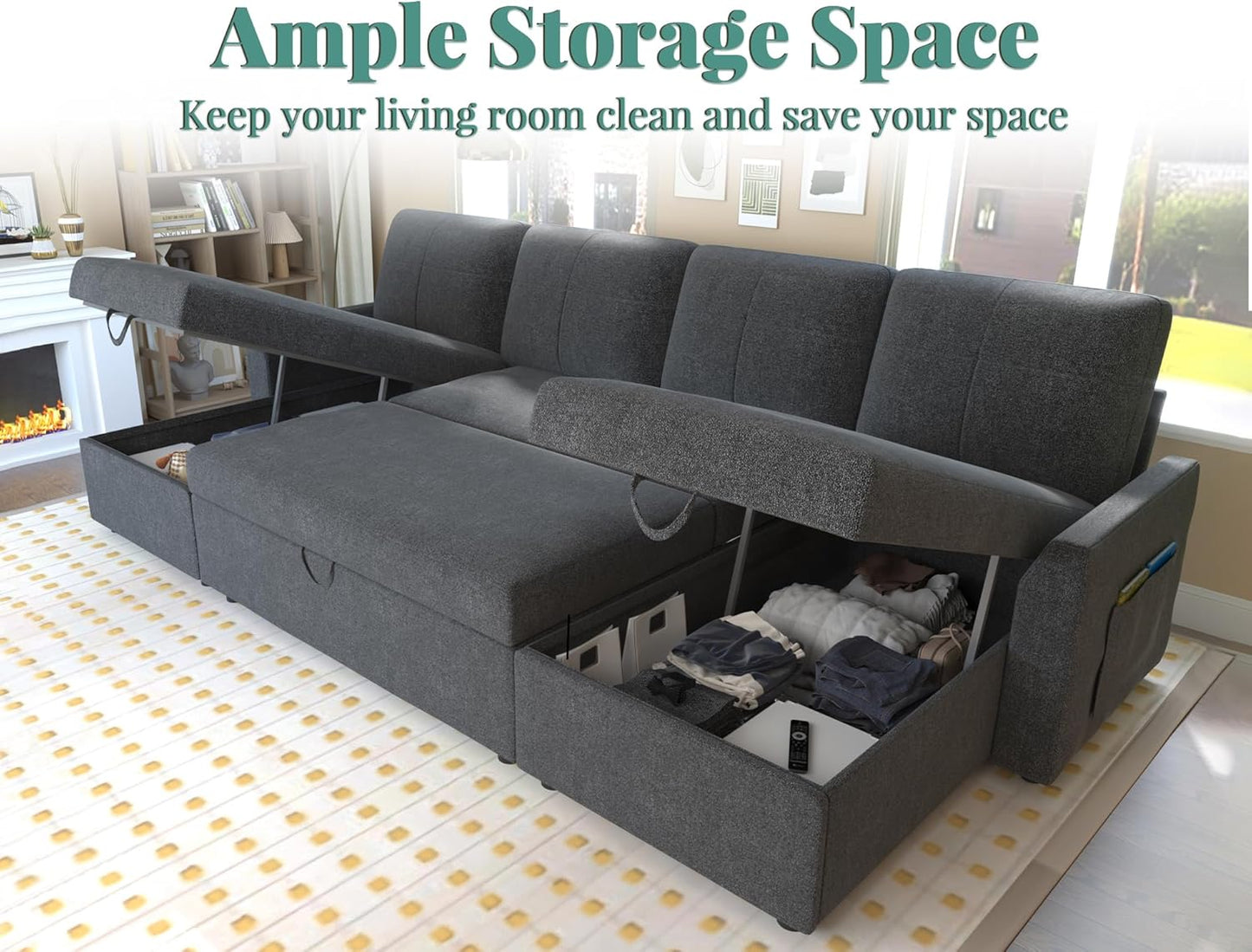 VanAcc Sofa Bed, Sleeper Sofa with Storage Chaise 2 in 1 Pull Out Couch Living Room