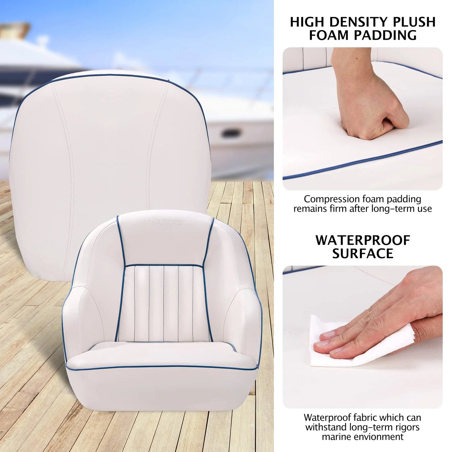Pontoon Boat Seat, Captains Bucket Boat Seat, Back Folding Boat, Boat Cabin Seating – White & Blue