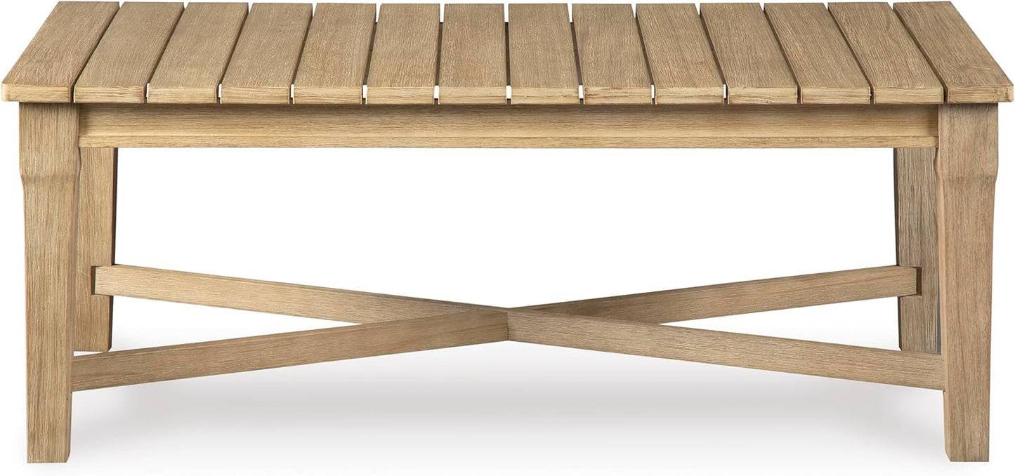 Signature Design by Ashley Clare View Coastal Outdoor Patio Eucalyptus Sofa with Cushions, Beige