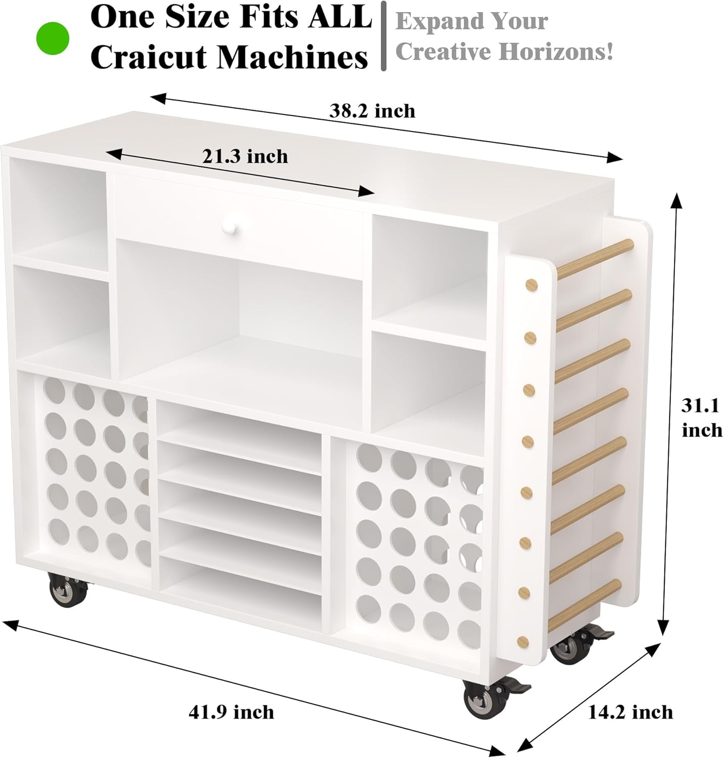 2025 Craft organization and storage Cart Compatible with Cricut Machine, Rolling Craft Organizer With large drawer & 48 Vinyl Roll Holder, Crafting Cabinet Table Workstation for Craft Room Home