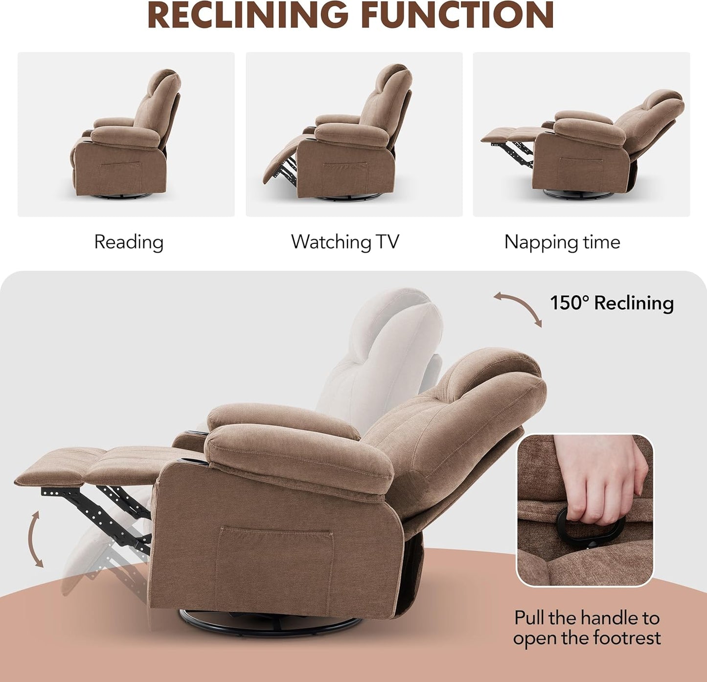 Oversized Swivel Rocker Recliner Chair with Heat and Massage, 360 Degree Swivel Rocking Single Sofa with Cup Holders and USB Port, Large Big Recliner Chair for Living Room (Leather, Brown)