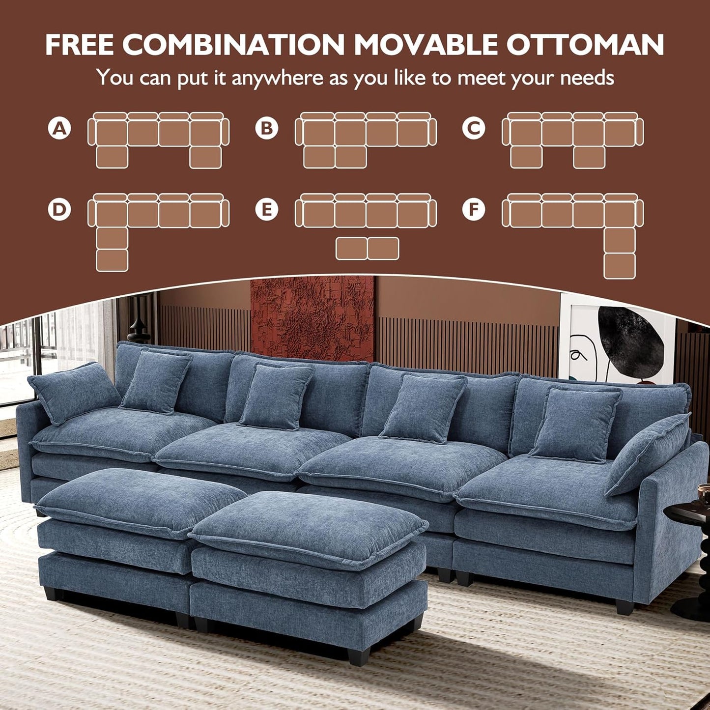 Ihanherry 146" U-Shaped Modern Sofa Modular Sectional Cloud Couch with 2 Ottoman, 6-Seat Chenille Deep Seat Sofa with 6 Pillows for Living Room, Bedroom and Apartment, Grey