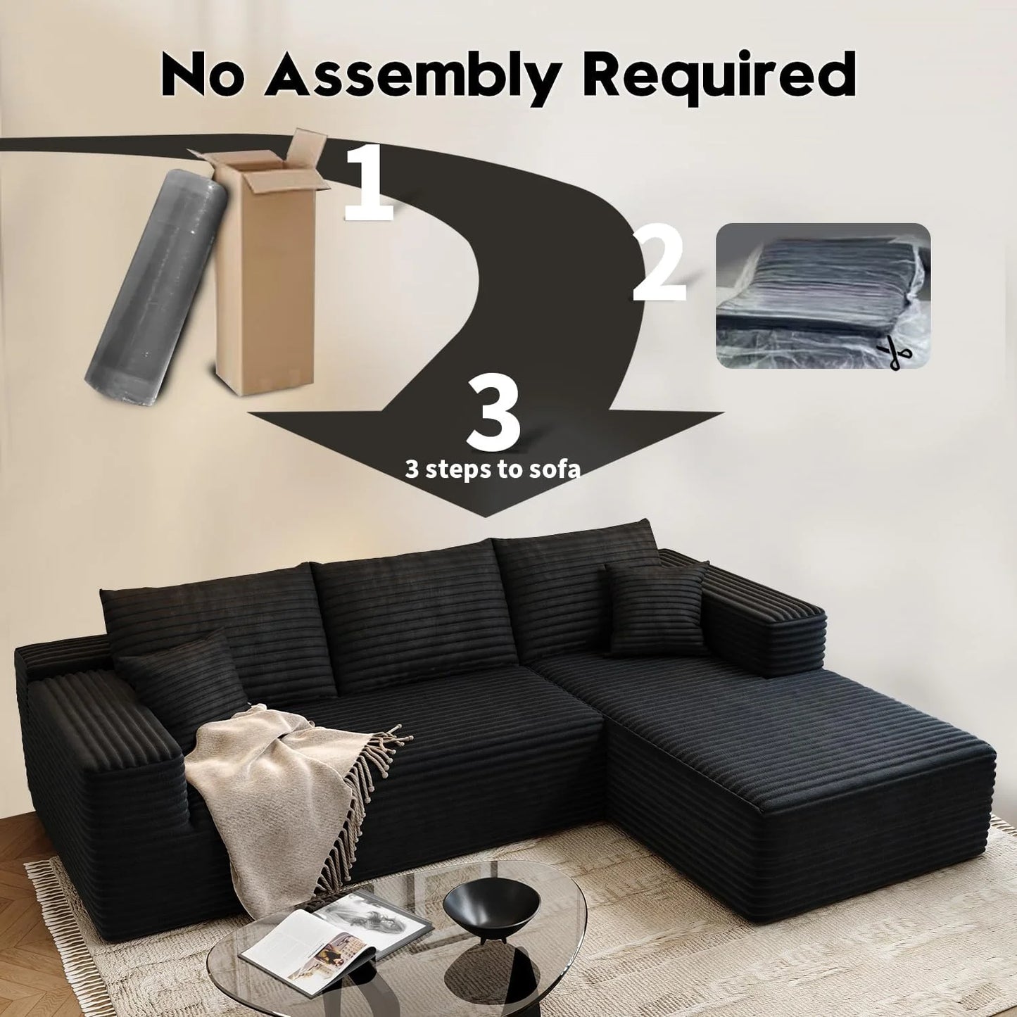 107.5" Cloud Modular Sectional Sofa Couch with L-Shape Chaise,Modern Minimalist Upholstered Couches for Living Room Bedroom,Deep Seat Corner Couch .No Assembly Required (Black,Left Facing Chaise)