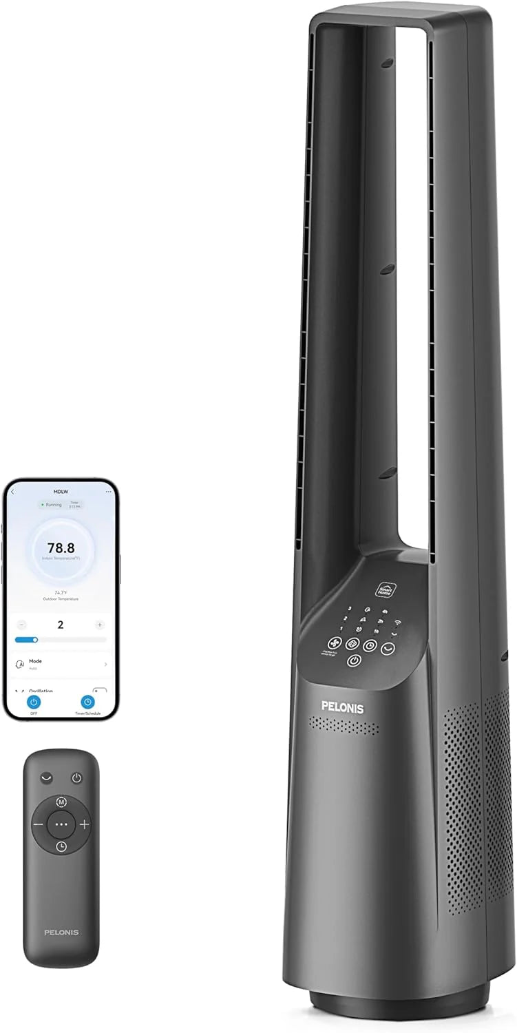 PELONIS 40" Smart Bladeless Fan for Bedrrom - Tower Fan, Alexa/Google/WiFi, DC Motor, 6 Speeds, 4 Modes, Remote, 7H Timer, 90掳 Oscillation, Safe for Home and Office