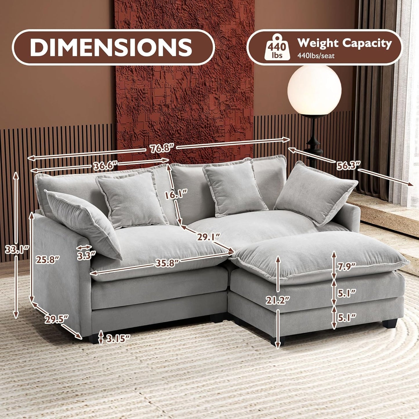 Ihanherry 146" U-Shaped Modern Sofa Modular Sectional Cloud Couch with 2 Ottoman, 6-Seat Chenille Deep Seat Sofa with 6 Pillows for Living Room, Bedroom and Apartment, Grey