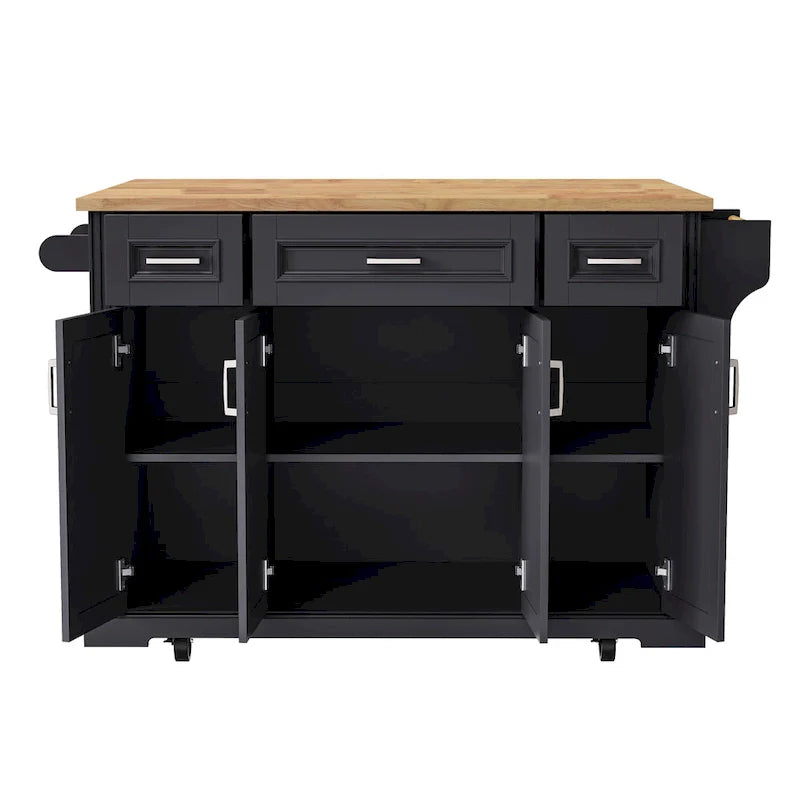 54 Large Kitchen Island with Rubber Wood Drop Leaf, Embossed Texture Rolling Kitchen Cart on 4 Wheels with 4 Doors & 3 Drawers