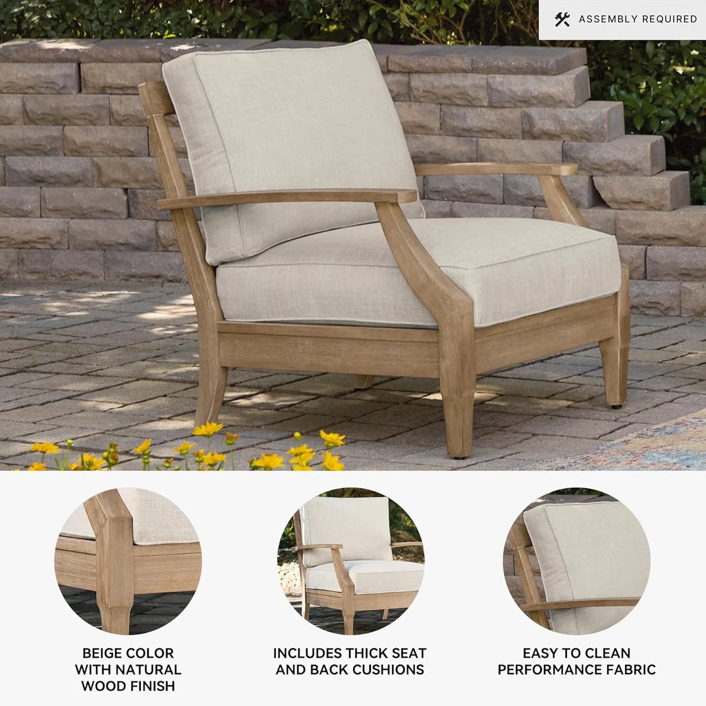 Signature Design by Ashley Clare View Coastal Outdoor Patio Eucalyptus Sofa with Cushions, Beige