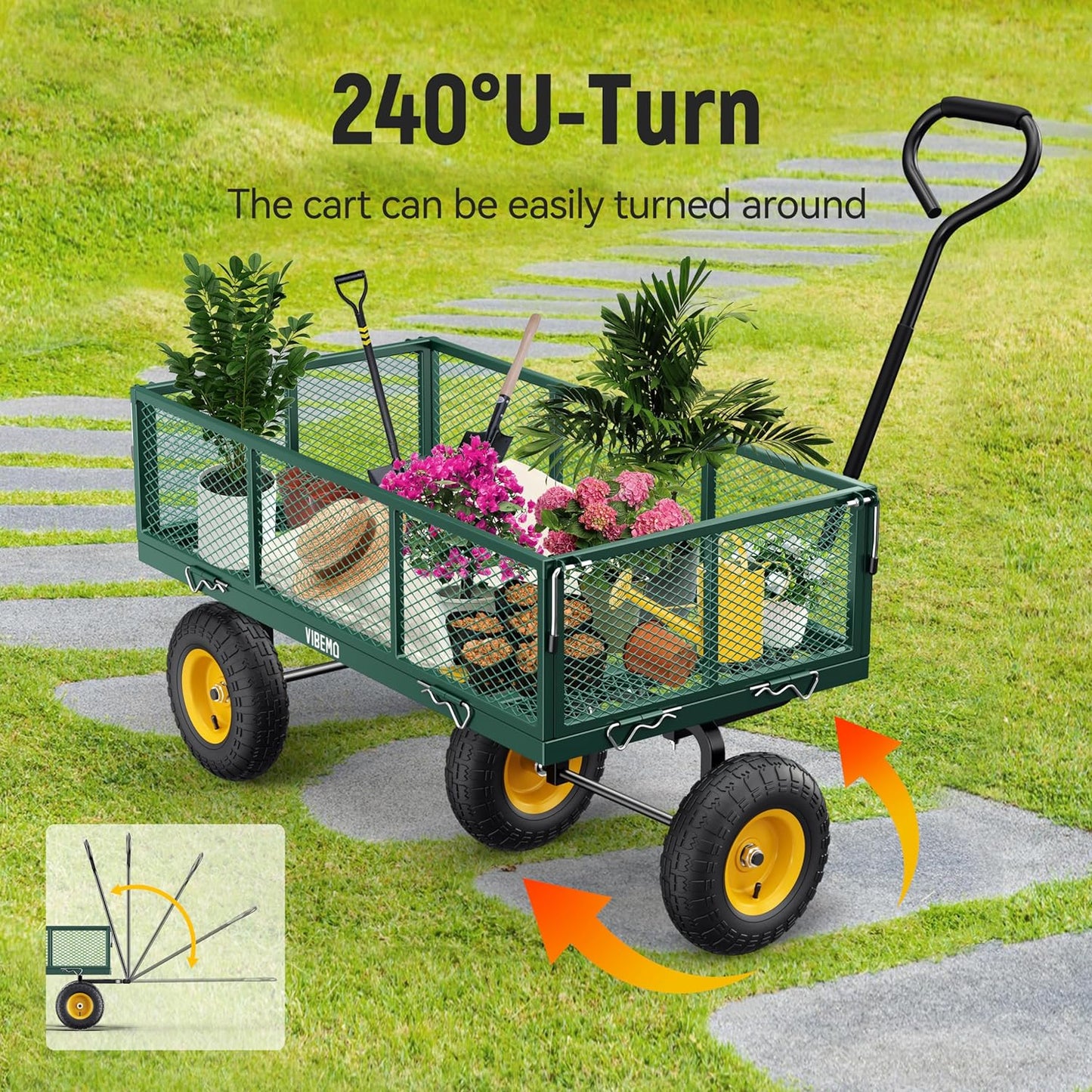 Steel Garden Cart 2-in-1 1400 lbs Heavy Duty Utility Wagon with Removable Mesh Sides to Convert into Flatbed 240?? U-Turn 13" Pneumatic Tires Garden Wagon for Farm Yard Lawn Garden Camping