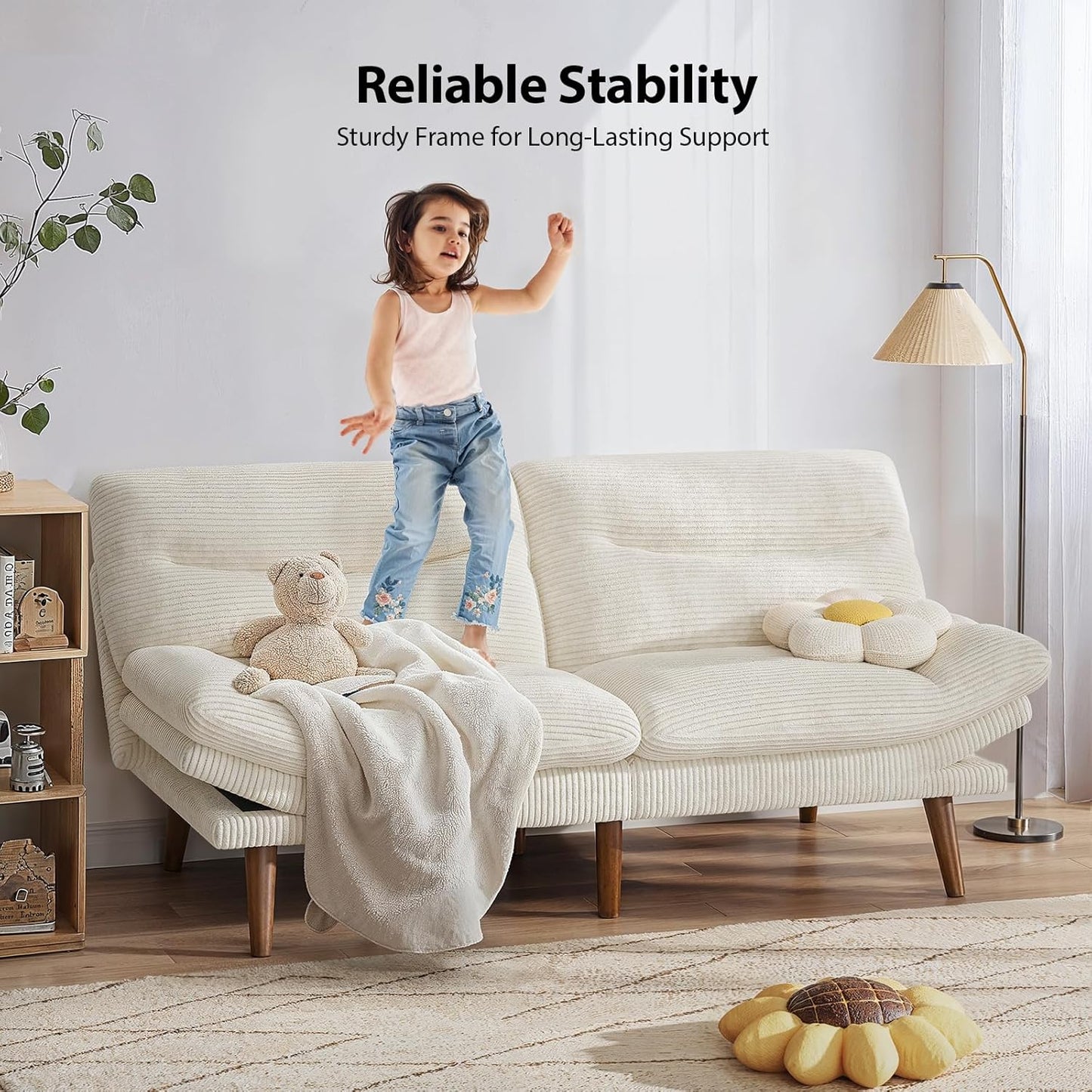 Pipishell Convertible Futon Sofa Bed,66" Corduroy Futon Couch with Adjustable Backrest and Armrests, Recliner Sleeper Sofa for Small Spaces, Play Room or Office, Grey