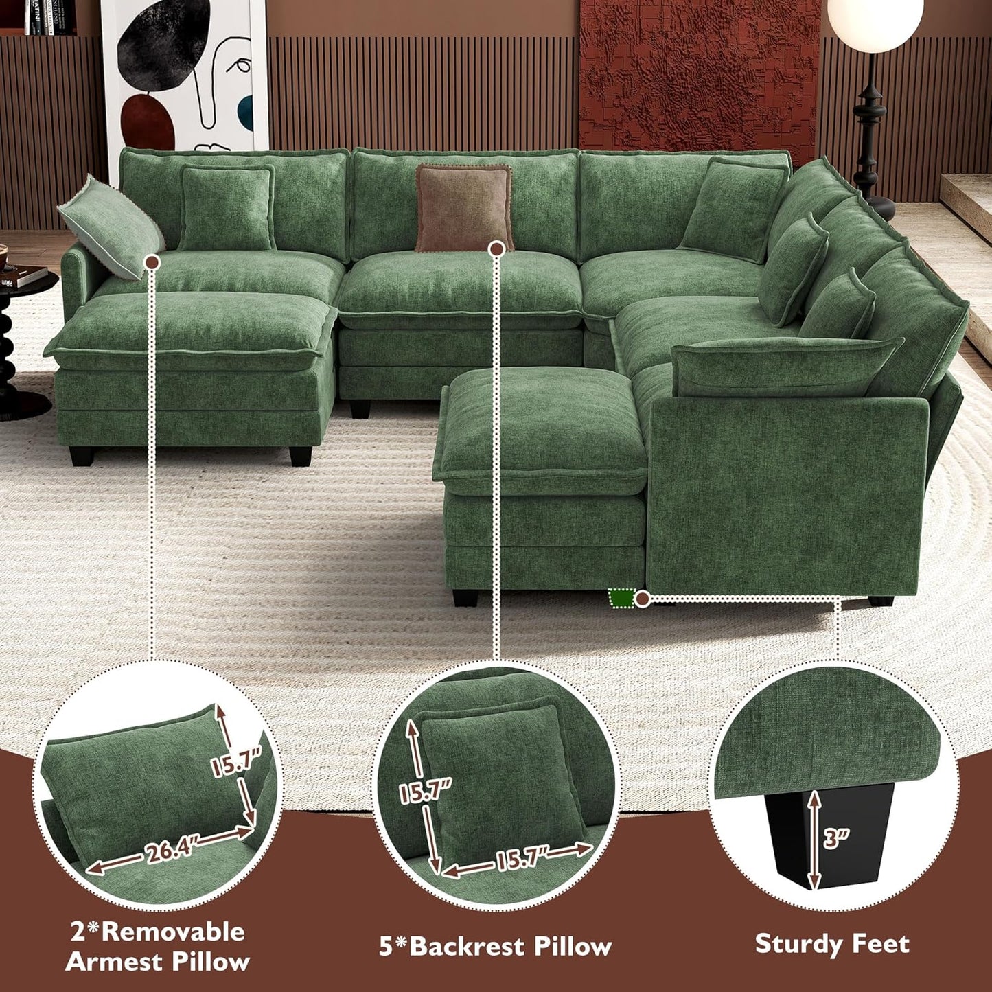 Ihanherry 146" U-Shaped Modern Sofa Modular Sectional Cloud Couch with 2 Ottoman, 6-Seat Chenille Deep Seat Sofa with 6 Pillows for Living Room, Bedroom and Apartment, Grey