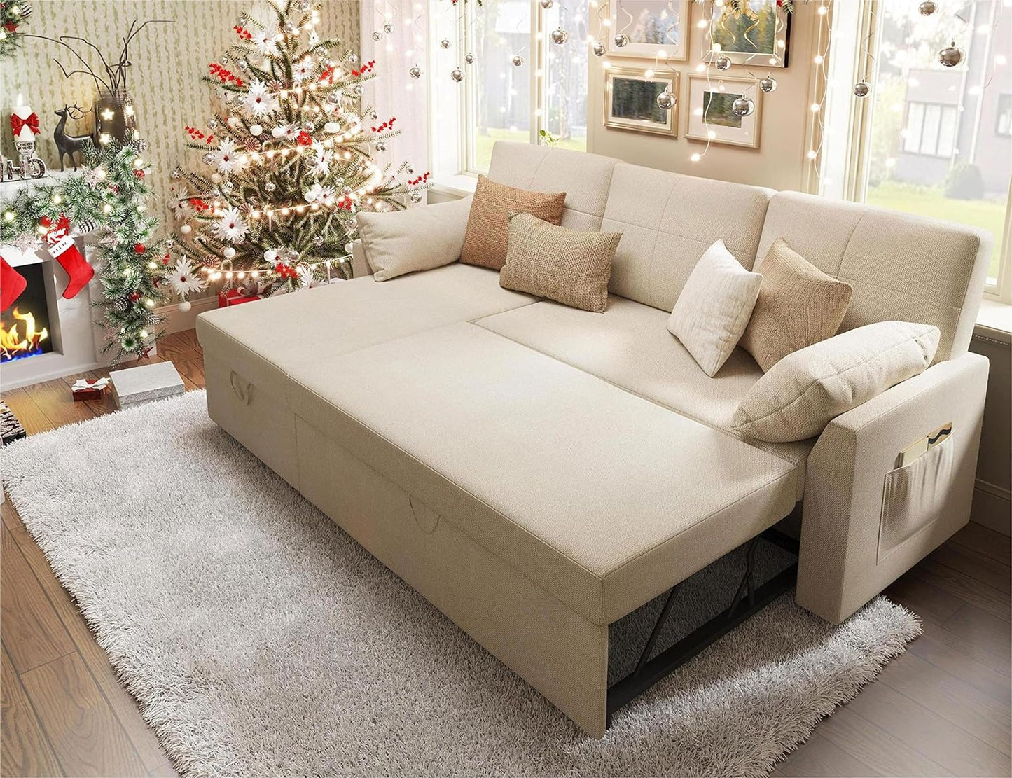 VanAcc Sofa Bed, Sleeper Sofa with Storage Chaise 2 in 1 Pull Out Couch Living Room