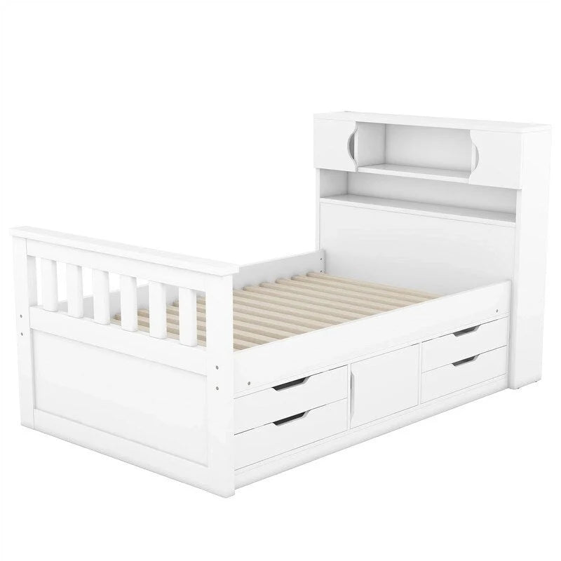 Twin/Full Size Captain Platform Bed with 4 Drawers and Storage Shelves, Solid Wood Bed Frame with Storage Bookcase Headboard