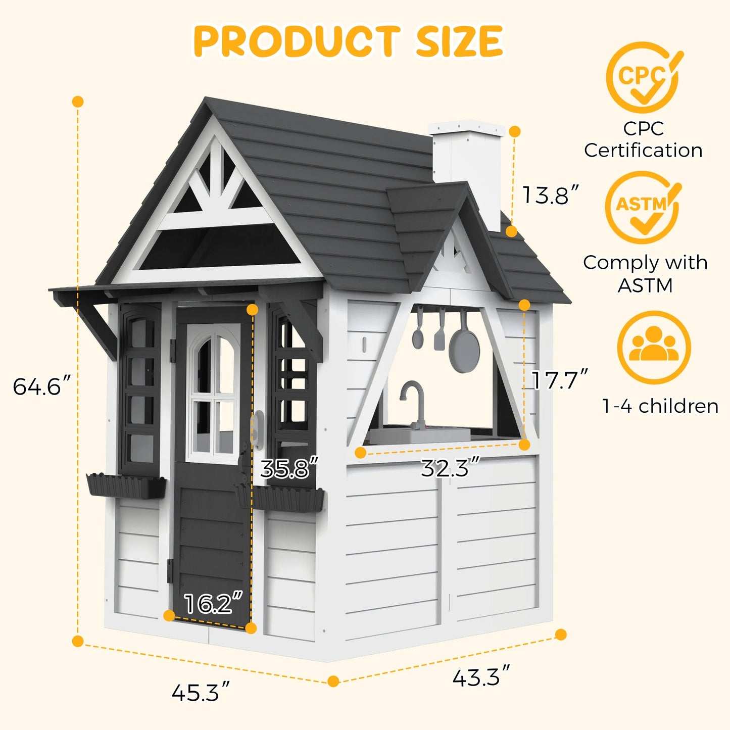 COCLUB Outdoor Playhouse for Kids Ages 4-8, Wooden Play House with Doorbell, Phone, Kitchen Toys, Outdoor Kids Play Equipment, Casa Para Ni?as (45L x 65H), White & Black
