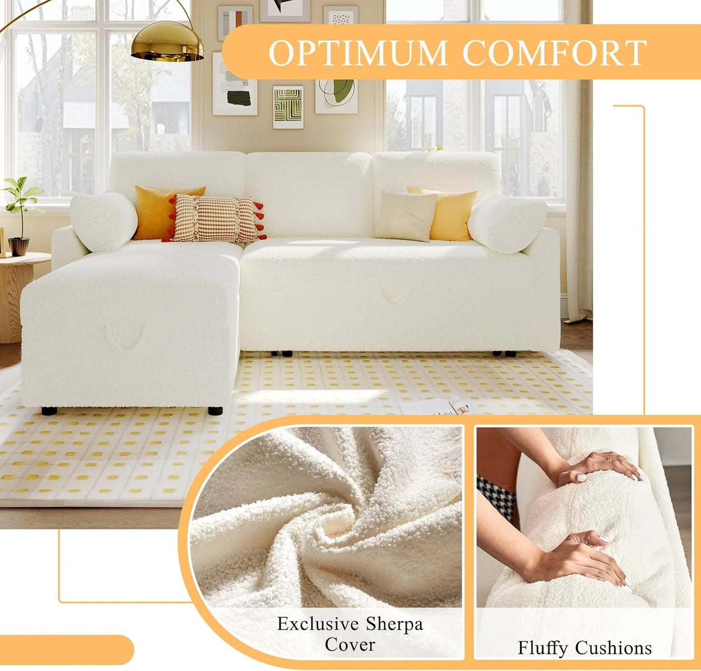 VanAcc Sofa Bed, Sleeper Sofa with Storage Chaise 2 in 1 Pull Out Couch Living Room