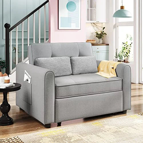 g 488243 Convertible Sleeper Sofa Bed MultiFunctional Adjustable Single Bed Chair with USB Port and 2 Pillows for Small Space Grey