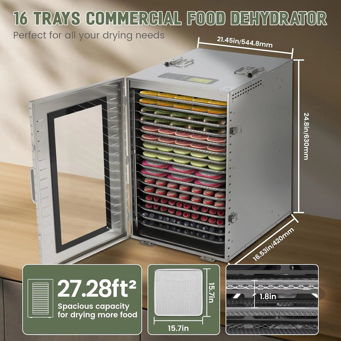 Commercial Food Dehydrator 16 Trays 1500W 70-190掳F Large