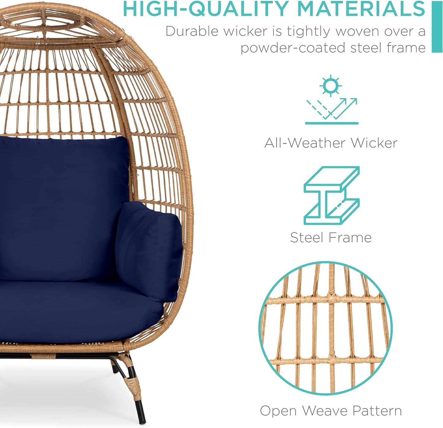 Best Choice Products Wicker Egg Chair Oversized Indoor Outdoor Lounger for Patio Backyard Living Room w/ 4 Cushions Steel Frame 440lb Capacity - Ivory