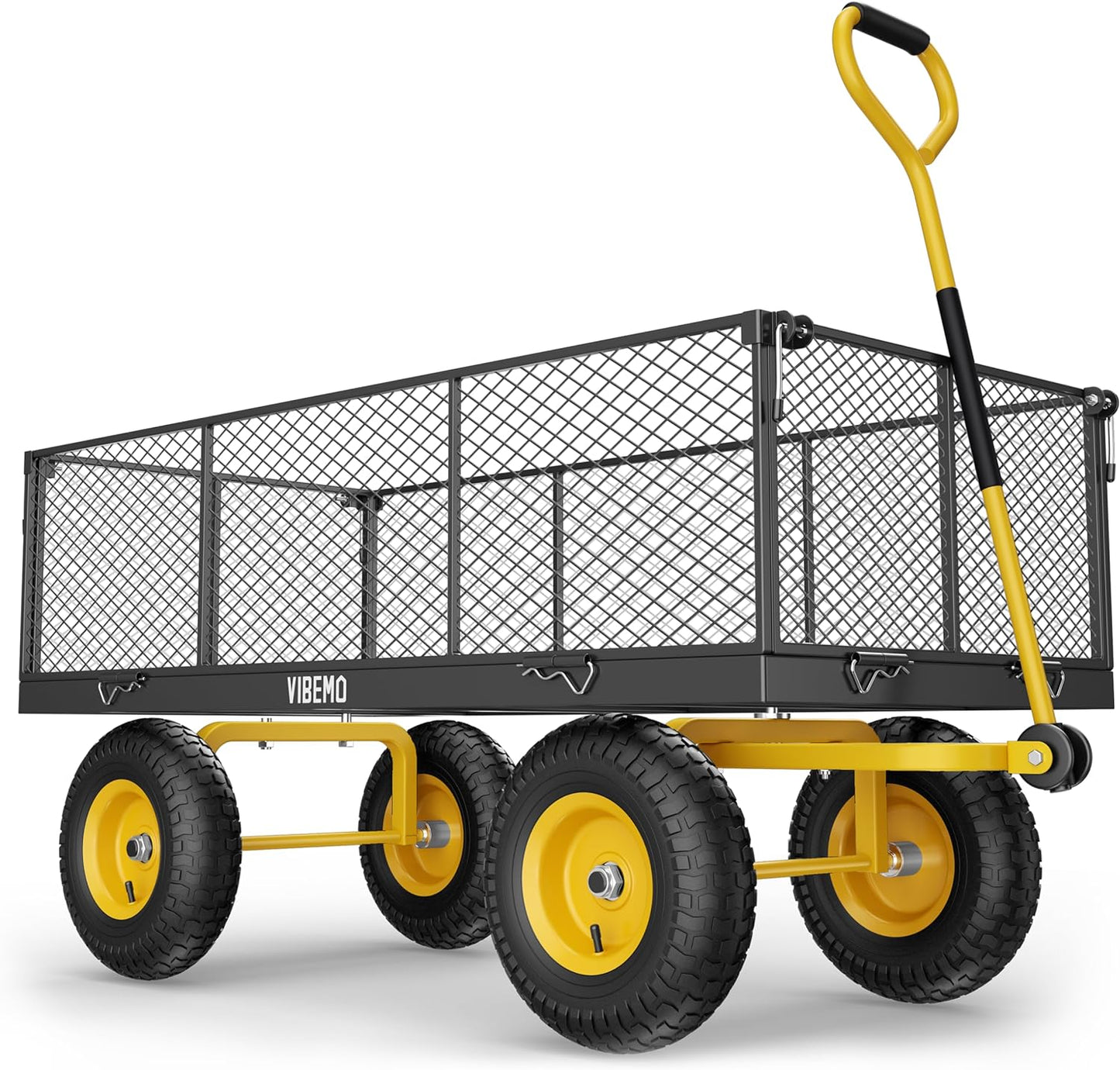 Steel Garden Cart, 2-in-1 1400 lbs Heavy Duty Utility Wagon, with Removable Mesh Sides to Convert into Flatbed, 240 U-Turn 13" Pneumatic Tires Garden Wagon for Farm Yard Lawn Garden Camping