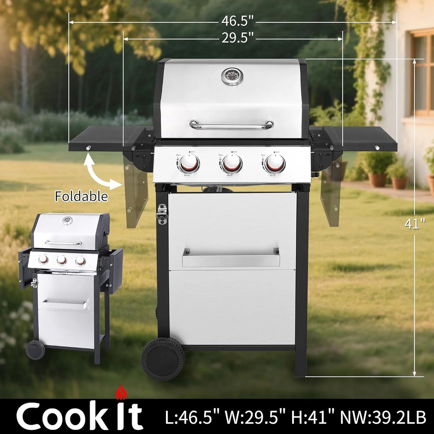 3-Burner Propane Gas Grill with 30,000 BTU Output - Double-layer Stainless Steel Grill Lid, Cast Iron Cooking Grids, Easy-Clean Grease Management & Even Heat Distribution for Perfect BBQs
