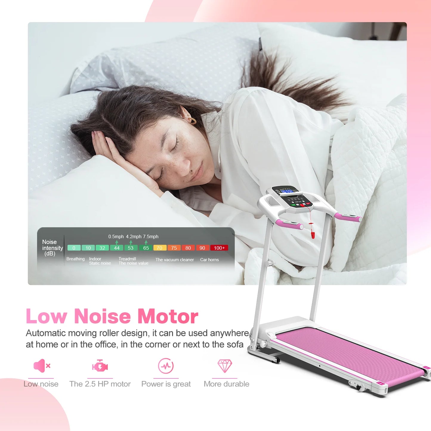 FYC Foldable Treadmills for Home, 2.5 HP, 7.5 MPH, Electric Running Treadmill Quiet Brushless Proform Treadmill for Home Gym, Running Machine with Heart Rate Sensor with LED Display (Pink)