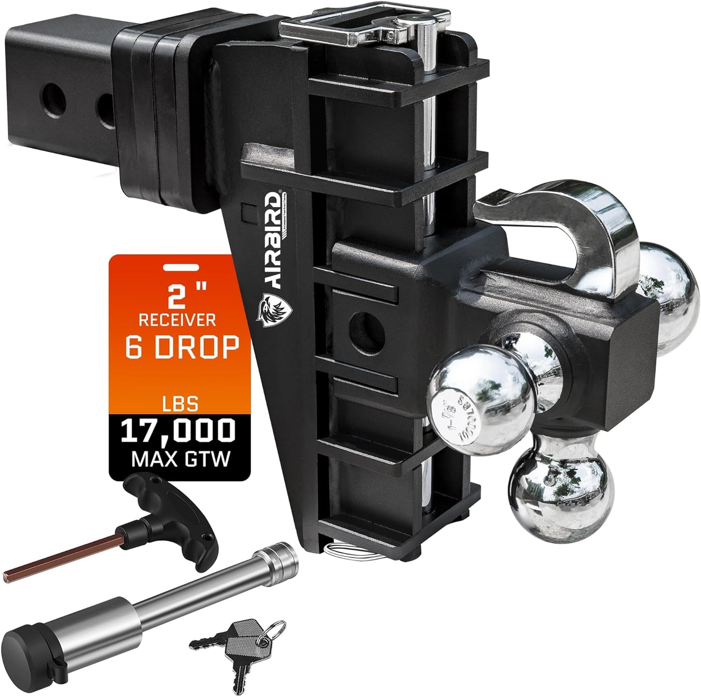 Adjustable Trailer Hitch Fits 2-Inch Receiver, Heavy Duty Tow Hitches (17000 LBS GTW) 6 Inch Drop Truck Hitch Tri-Ball Mount with Hook (1-7/8" x 2" x 2-5/16")