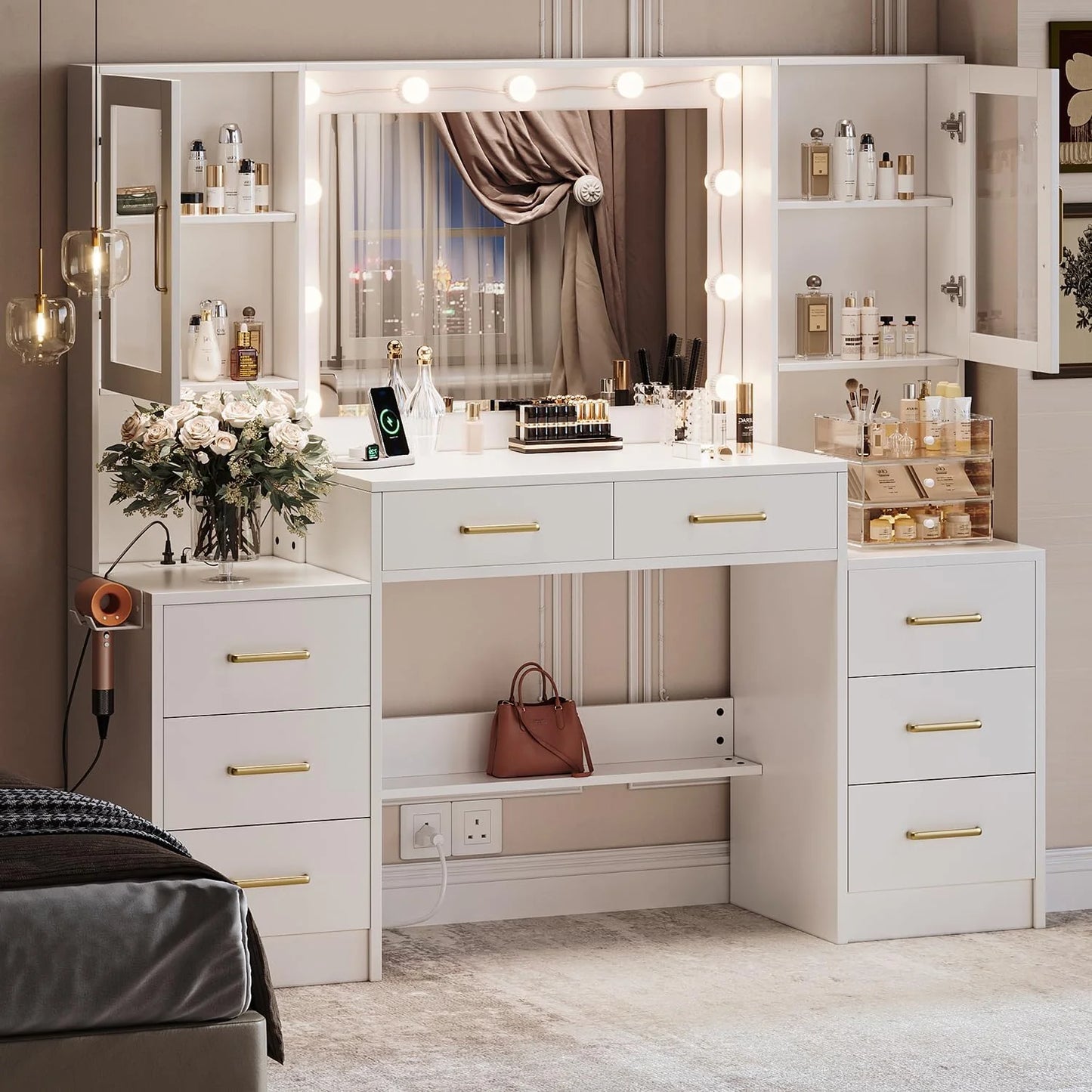 Black Vanity Desk with Mirror, Lights & Charging Station, 58.3" 3 Lighting Modes
