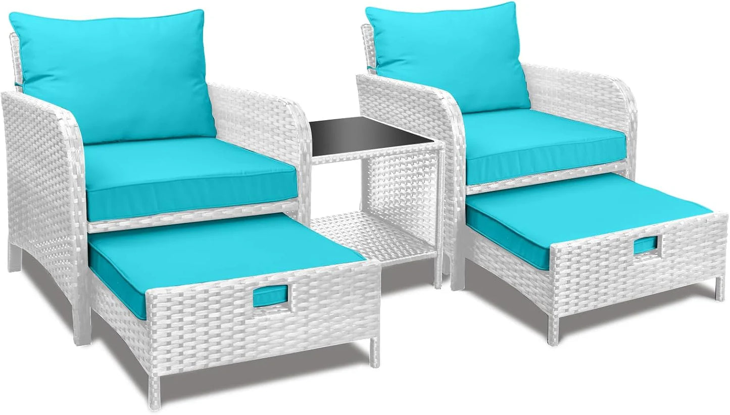 LEVELEVE Balcony Furniture 5 Piece Patio Conversation Set, PE Wicker Rattan Outdoor Lounge Chairs with Soft Cushions 2 Ottoman&Glass Table for Porch, Lawn-Brown Wicker