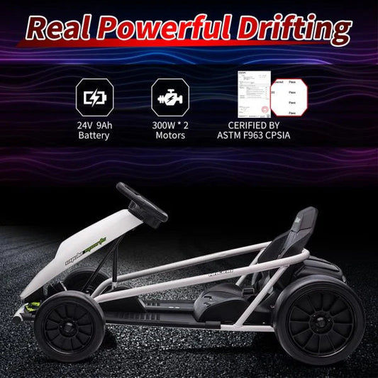 24V Go Kart for Kids 8-12, 300W*2 Motors, 9Ah Battery, 8MPH Speed, Music, Horn, 175lbs Max Load White