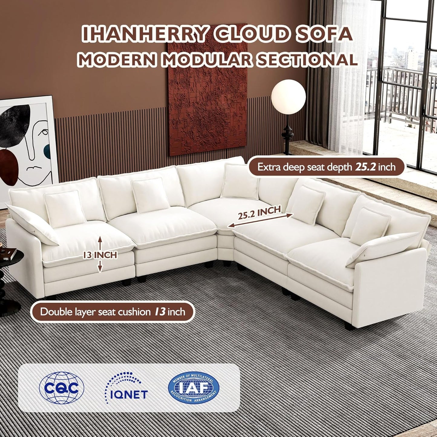 Ihanherry 146" U-Shaped Modern Sofa Modular Sectional Cloud Couch with 2 Ottoman, 6-Seat Chenille Deep Seat Sofa with 6 Pillows for Living Room, Bedroom and Apartment, Grey