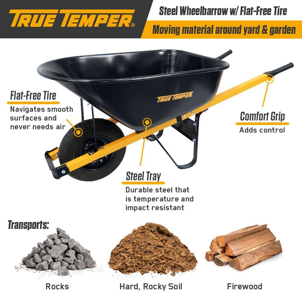 2025 True Temper R6STFFEC 6 cu. ft. Barrow in a Box Steel Wheelbarrow with Never Flat Tire and Steel Handles