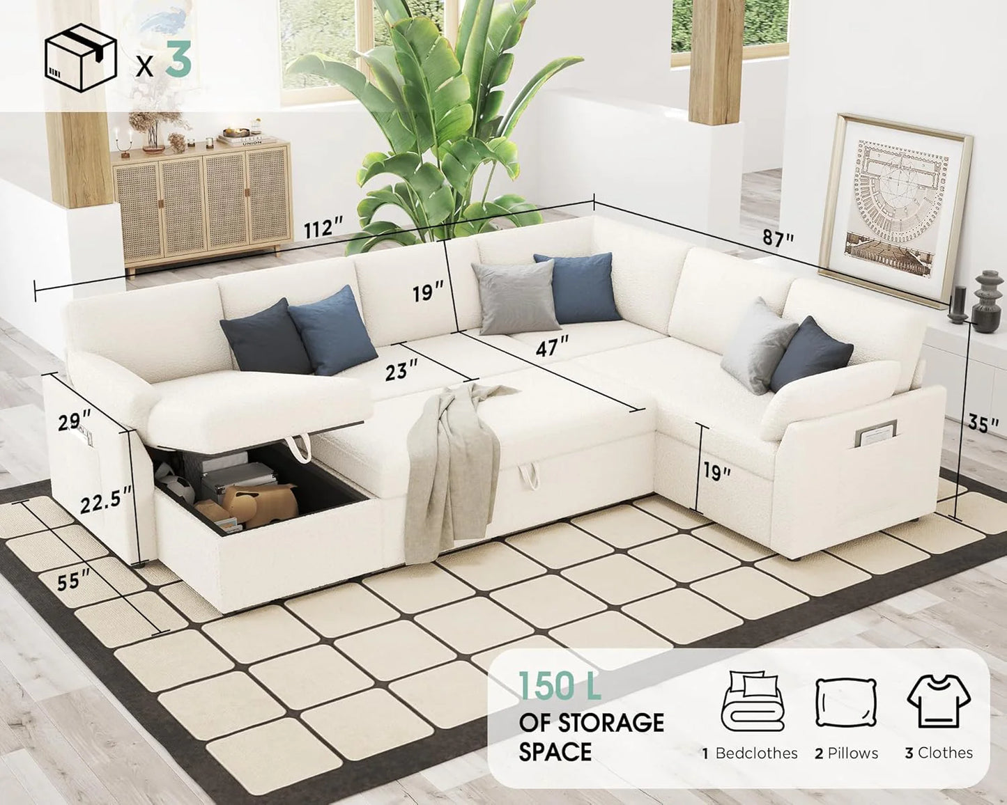 VanAcc Sofa Bed, Sleeper Sofa with Storage Chaise 2 in 1 Pull Out Couch Living Room