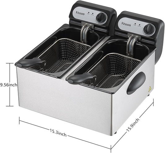 3000W Commercial Electric Deep Fryer With Baskets & Lids,2x3L Stainless Steel Double Deep Fryer,Small Deep Fryer With Basket,Temperature Control,Overheat Protection